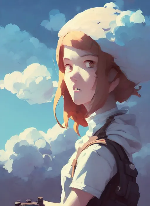 Image similar to portrait of cute maiden girl cowered, cloud sky background, by atey ghailan, by greg rutkowski, by greg tocchini, by james gilleard, by joe gb fenton, by kaethe butcher, dynamic lighting, gradient light blue, brown, blonde cream and white color in scheme, grunge aesthetic