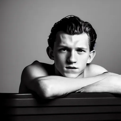 Image similar to photographic portrait by Annie Leibovitz of Tom Holland in a hot tub, foggy, sepia, moody, dream-like, sigma 85mm f/1.4, 15mm, 35mm, 4k, high resolution, 4k, 8k, hd, full color