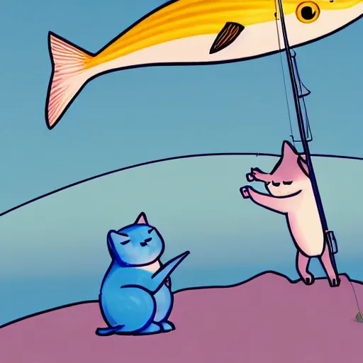 Prompt: an anthropomorphic cat is holding a fishing rod, trying to fish the blue whale in the cloudy colorful sky , digital art, trending on Artstation