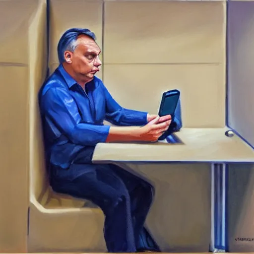 Prompt: viktor orban playing on his phone in a cubicle, oil painting