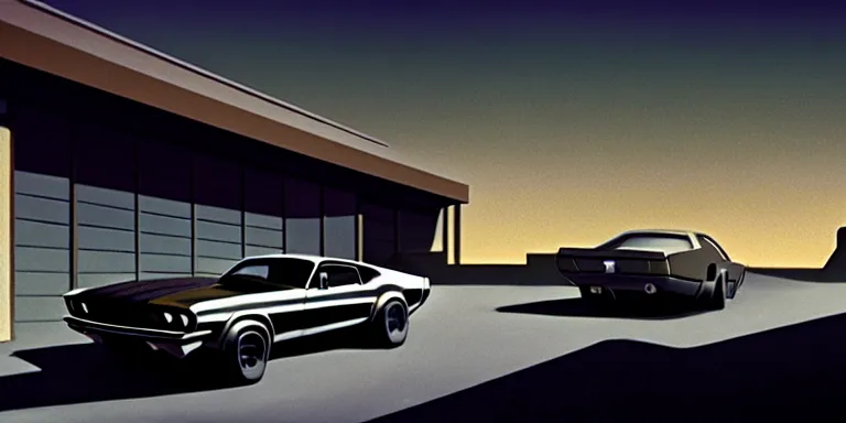 Image similar to a cinematic keyframe matte painting of a sleek 1 9 7 0 s vaporwave concept retro - futurism sci - fi ford mustang fast back knight rider blacked out car in an open garage in the american southwest, view from the street. cactus. by eric lafforgue, glennray tutor and edward hopper, greg rutkowski. trending on artstation.