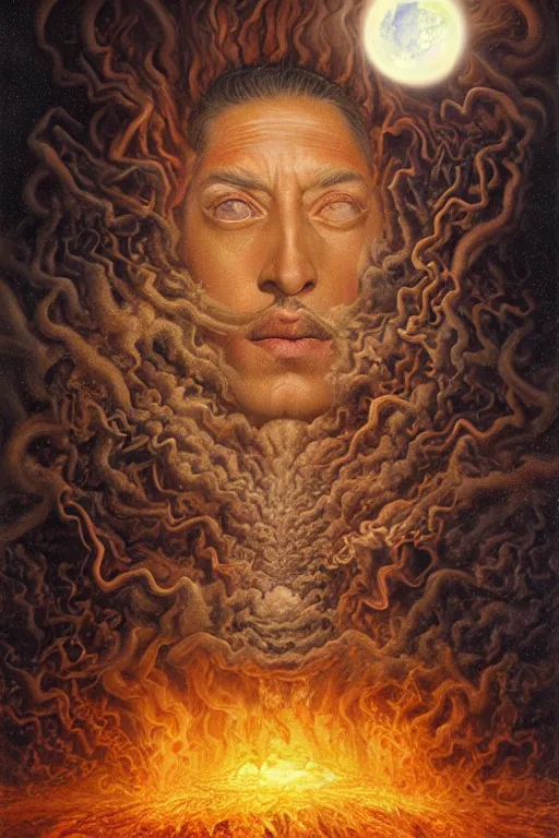 Image similar to Intricate stunning highly detailed portrait of Salvador Dali depicted as HammerFall’s lead vocals, digital painting by agostino arrivabene and Vladimir Kush, surreal, ultra realistic, Horror vacui, dramatic lighting, full moon, thick black swirling smoke tornado, burning fire embers, artstation