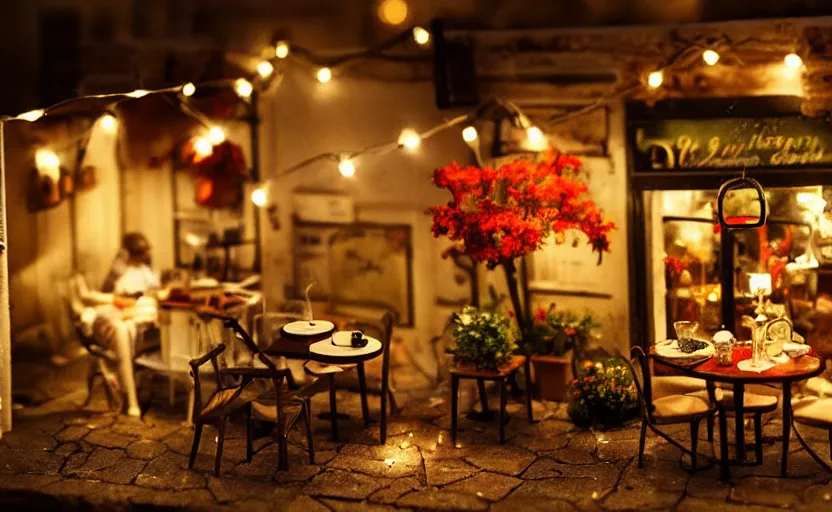 Image similar to mini cafe for mice diorama macro photography, ambient, atmospheric photograph, string lights, romantic