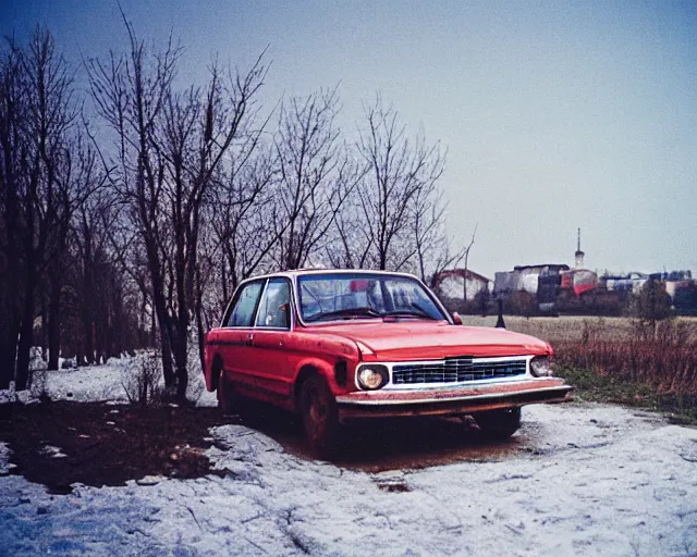 Image similar to a lomographic photo of old lada 2 1 0 7 standing in typical soviet yard in small town, hrushevka on background, cinestill, bokeh