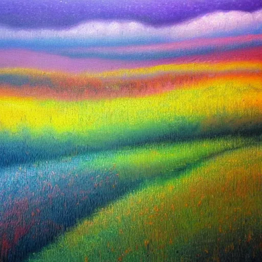 Image similar to dreamy landscape painting of the fields of the void, color abberation effect, vingetting