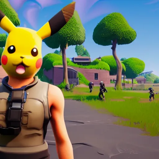 Prompt: screen shot from fortnite pikachu in fornite holding shotgun ray tracing 3 d cgsociety dramatic lighting