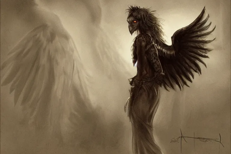 Prompt: remover harpy matriarch, in the style of alan m. clark and matthew stawicki, trending on artstation, rembrandt lighting rear view grimdark, lord of the rings, narrative realism, photoshop, multiculturalism