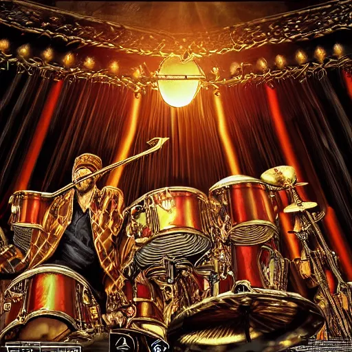 Image similar to khamenei playing drums in heavy metal band in heaven, high definition, trending on artstation, unreal engine, photorealistic, high resolution,, trending on deviantart, hdr, hyper detailed, insane details, intricate, elite, ornate, elegant, luxury, dramatic lighting, 1 0 6 6 3 8 1 0 9 0