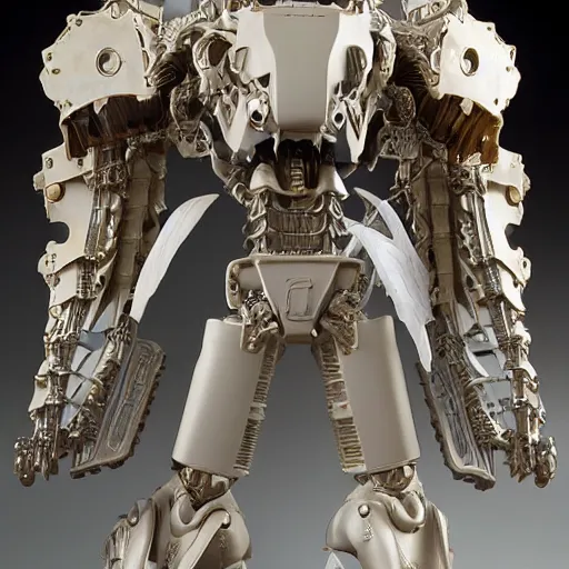 Image similar to smooth combat mech, carved obsidian mechanical exoskeleton wearing hardsurface armour, inlaid with ivory and gold accents, rococo, wings lace wear, sculpted by spider zero, frank gehry, jeff koons, bandai box art, by john berkey, norman rockwell, ivan shishkin