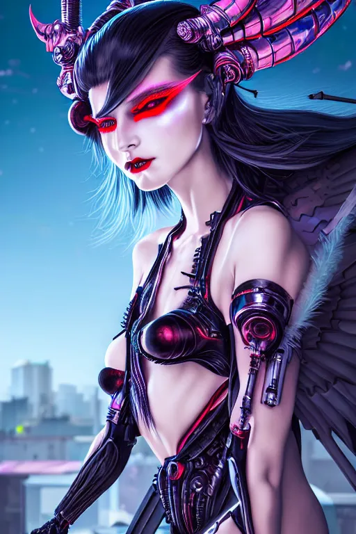 Prompt: portrait futuristic Devil Girl with horns and wings and feathers and armor , in future cyberpunk tokyo rooftop , ssci-fi, fantasy, intricate, very very beautiful, elegant, human anatomy, human structure, neon light, highly detailed, digital painting, artstation, concept art, smooth, sharp focus, illustration, art by tian zi and WLOP and alphonse mucha