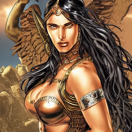 Image similar to greek amazon warrior, a tall beautiful woman with bronzed skin and long raven hair, dressed in leather and hellenistic armour, intricate, elegant, highly detailed, smooth, sharp focus, detailed face, high contrast, graphic novel, art by pepe larraz,