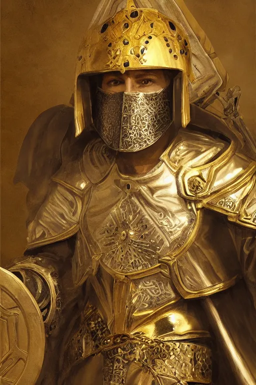 Image similar to man in decorated with gold in baroque style crusader armor, helmet and white cape with cross on it standing at the gates of jerusalem drawn by greg rutkowski realistic high detail