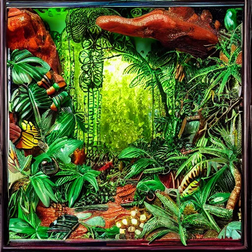 Prompt: Vibrant detailed jungle , inside of a glass bottle , detailed, elegant, intricate , 8k ,