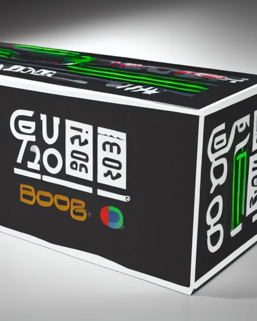 Image similar to Photorealistic image of a GPU box from 2007 with nonsensical art on the box