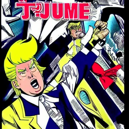 Image similar to Donald trump in JoJo’s bizarre adventure manga, the menacing symbols can be seen above his head