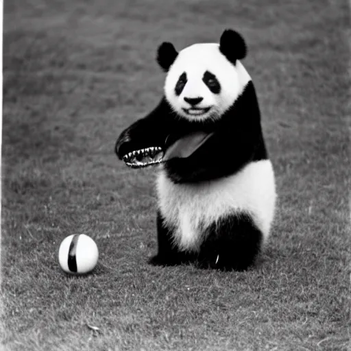 Prompt: of a black and white flash photograph by diane arbus of a panda holding a toy hand grenade in central park.