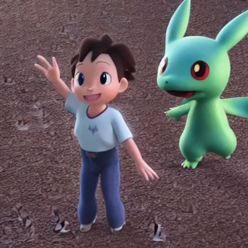 Image similar to Misty, Ash and Brock, film still from the 3d Pixar Pokémon movie