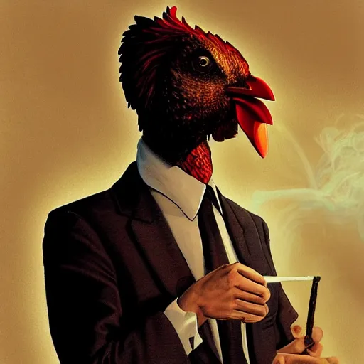 Image similar to a chicken wearing a suit smoking a cigar, dramatic lighting, cinematic, establishing shot, extremly high detail, photorealistic, cinematic lighting, artstation, style by James Gurney