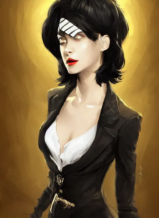 Image similar to a highly detailed illustration of beautiful short black messy haired woman wearing eyepatch and noir style suit and tie, yellow eyes, dramatic smiling pose, intricate, elegant, highly detailed, centered, digital painting, artstation, concept art, smooth, sharp focus, league of legends concept art, WLOP