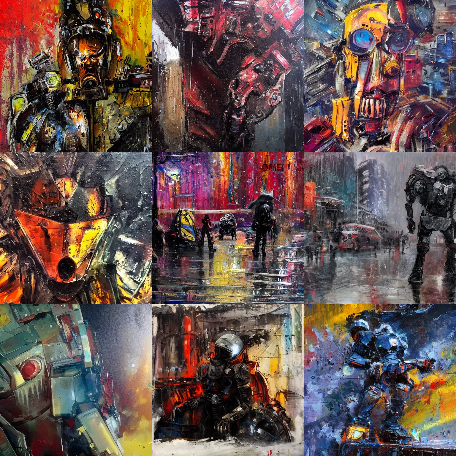 Prompt: old homeless mech warriors. new york after midnight, rain. epic futuristic scene. strong personalities and characters. tired, beaten tech. neo noir style, rain, oil, blood everywhere, dramatic high contrast lighting. high action! acrylic painting, layered impasto, heavy gesture style. closeup.