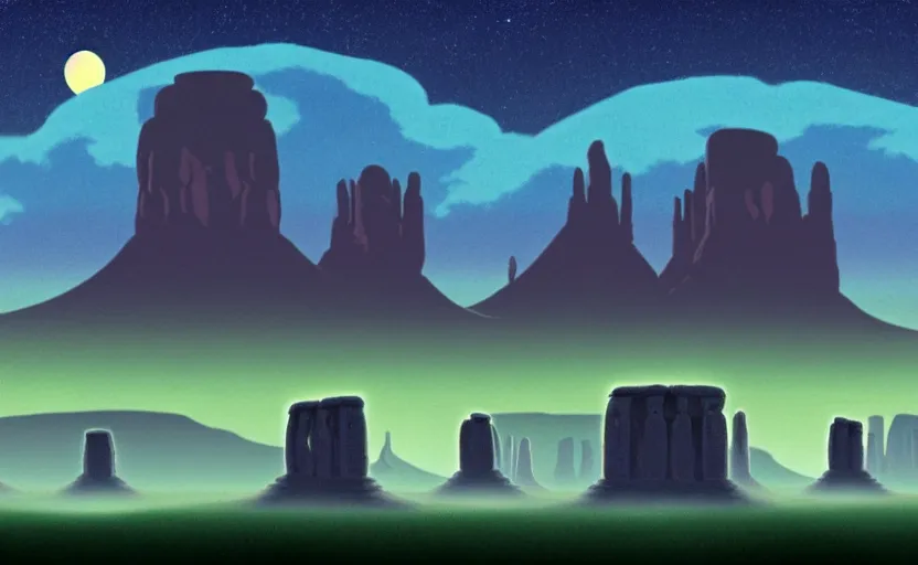Image similar to a cell - shaded studio ghibli concept art of a ufo shining a spotlight on a lush temple that looks like monument valley stonehenge jungle on a misty starry night. very dull colors, hd, 4 k, hq