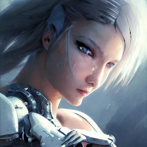 Prompt: extreme close up, facial portrait, woman in white sci - fi armor, mechanical armor, cybernetic hands, striking pose, portrait dnd, nier 2 b, painting by gaston bussiere, craig mullins, greg rutkowski, yoji shinkawa, artgerm