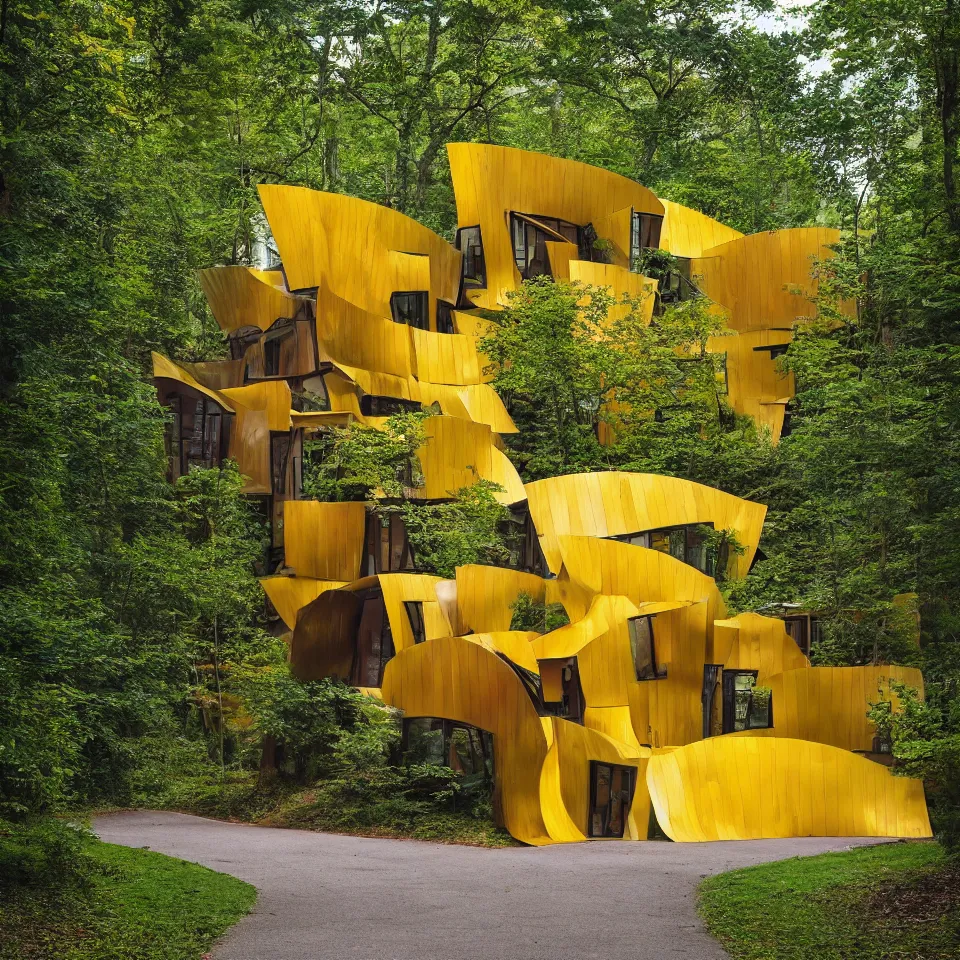 Prompt: a simple horizontal house in a forest, designed by Frank Gehry. Tiles. Wood pathway. Film grain, cinematic, yellow hue