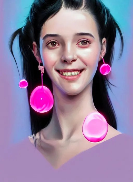 Image similar to portrait of high school girl, realistic, black hair, bangs, half updo hairstyle, pointy nose, skinny, smile, ugly, defined jawline, big chin, pink hair bow, earrings, intricate, elegant, glowing lights, highly detailed, digital painting, artstation, sharp focus, illustration, art by wlop, mars ravelo and greg rutkowski