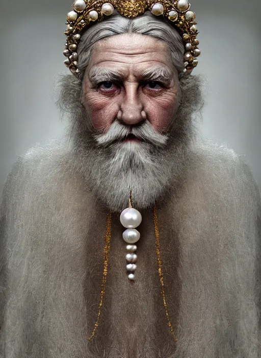 Image similar to hyperrealism, detailed textures, award winning autochrome photo, symetrical old bearded man pearl medusa king autochrome pearl portrait, pearl silverplate, intricate, detailed facial pearl animal mask, pearl, golden jewelery, silverplate, ultra realistic, cinematic, intricate, cinematic light by steve mccurry, unreal engine 8 k