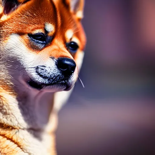 Image similar to Close up of a shiba inu, photo realistic, dramatic lighting, Nat Geo award winner, 100mm lens, bokeh