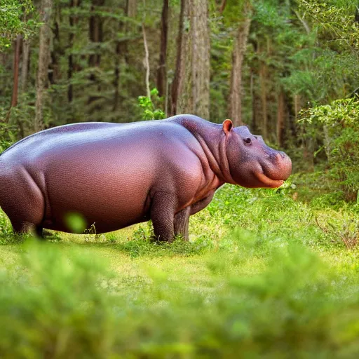 Image similar to a happy hippopotamus in a forest of cedar trees, realistic, photograph, high quality