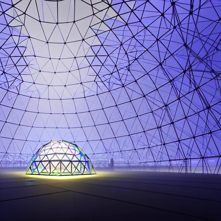 Prompt: an immaculate volumetric path tracing lighting render of a of beautiful iridescent large geodesic dome device at the center of a vast modern datacenter, fog, god rays, and nixie tubes by eric lafforgue and beeple, beautiful modern colors, ultradetailed, 4k ultra