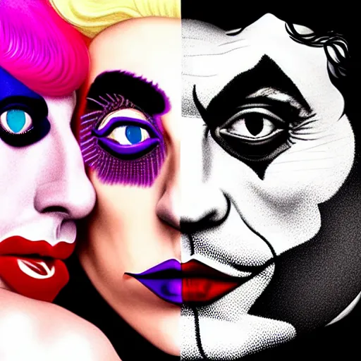 Prompt: richard hamilton and mimmo rottela as lady gaga harley queen and joaquin phoenix joker kissing, pop art, 2 color, left and right align separate, object details, dynamic composition, 4 k, ultra realistic art, smooth, sharp focus, full body portrait, illustration, concept art, intricate details, h 7 6 8