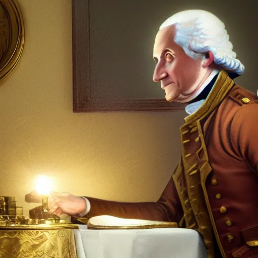 Image similar to a closeup photorealistic photograph of a happy George Washington inspecting small gold Doubloon coins at his home on Cherry Street. This 4K HD image is Trending on Artstation, featured on Behance, well-rendered, extra crisp, features intricate detail and the style of Unreal Engine.