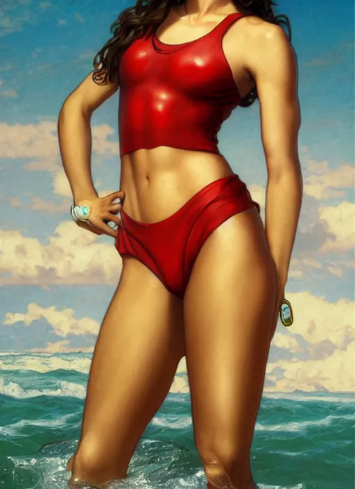 Image similar to portrait gal gadot as sea lifeguard on the beach, full length shot, shining, 8k highly detailed, sharp focus, illustration, art by artgerm, mucha, bouguereau