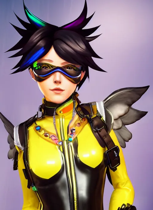 Image similar to portrait bust digital artwork of tracer overwatch, wearing iridescent rainbow latex and leather straps catsuit outfit, neon makeup, in style of mark arian, angel wings, wearing detailed leather collar, chains, black leather harness, detailed face and eyes,