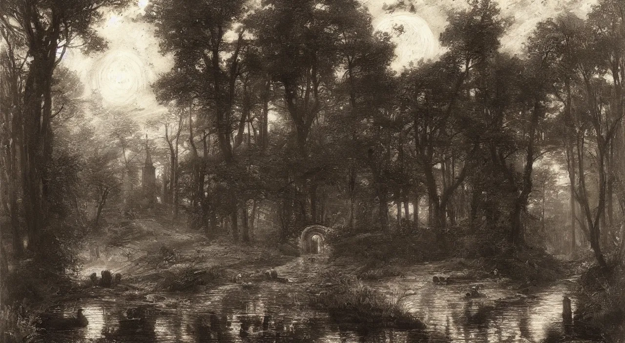 Image similar to nighttime, dark, lit by the moon, woodland, steam emerging from culvert under path and flowing into pond, to the right a large dark, cylindrical stone tower building, vladimir motsar and tyler edlin and john william waterhouse and morgan weistling