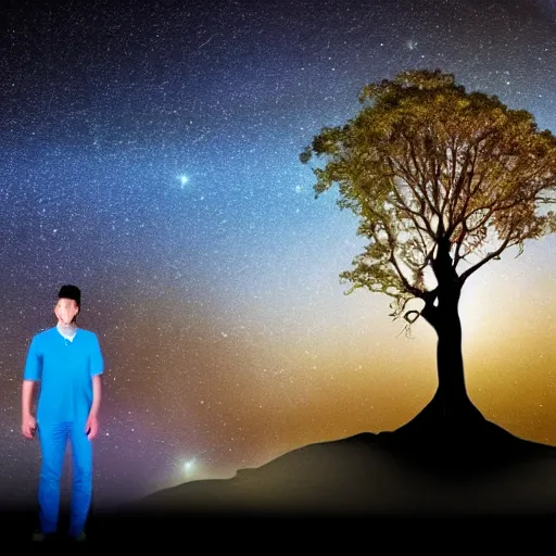 Image similar to a human man standing next to a cosmic tree, a sense of awe, amazement, monogon, plasma display, damascus, morph, in a symbolic and meaningful style