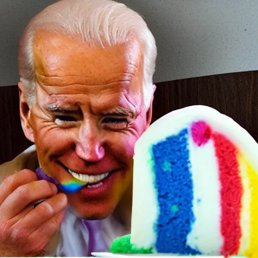 Prompt: obese joe biden eating rainbowcake