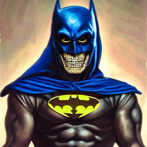 Image similar to ultra realistic portrait painting of skeletor as batman, art by jack kirby, 4 k, ultra realistic, highly detailed, epic lighting
