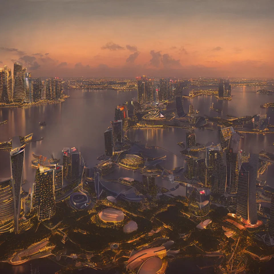 Prompt: a detailed painting overlooking the Marina Bay Sands in Singapore at dusk. By Robert Bechtle, Paul Kratter, Geri Keary, Simon Stålenhag. Digital art, warm, CGSociety, Octane. Trending on ArtStation, 8k, UHD, HDR