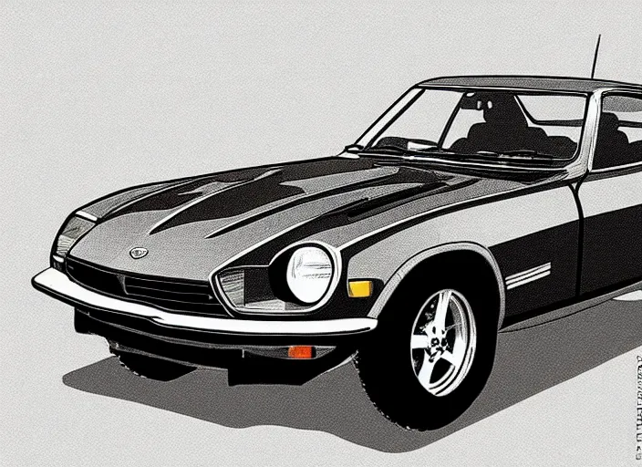 Image similar to a datsun 2 4 0 z in the art style of blake, quentin