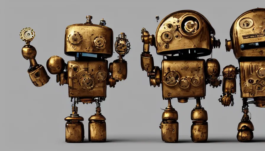 Prompt: two cute steampunk robots with human skin and large shiny eyes smiling and waving, isolated on white background, intricate details, 3D occlusion