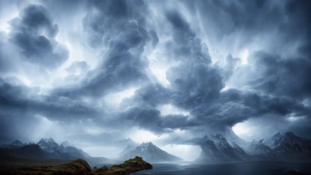 Image similar to amazing landscape photo ofmythological angry odin by marc adamus, beautiful dramatic lighting
