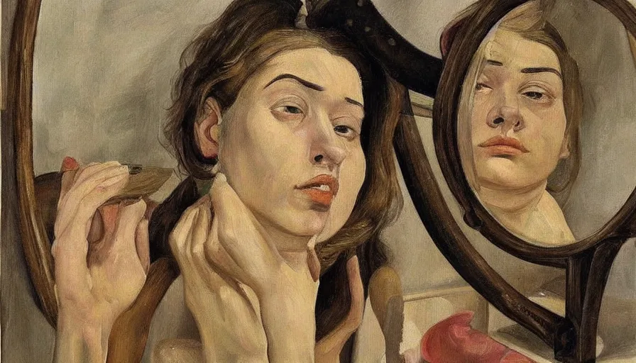 Image similar to painting by lucien freud, young woman in front of the mirror, detailed, stunning