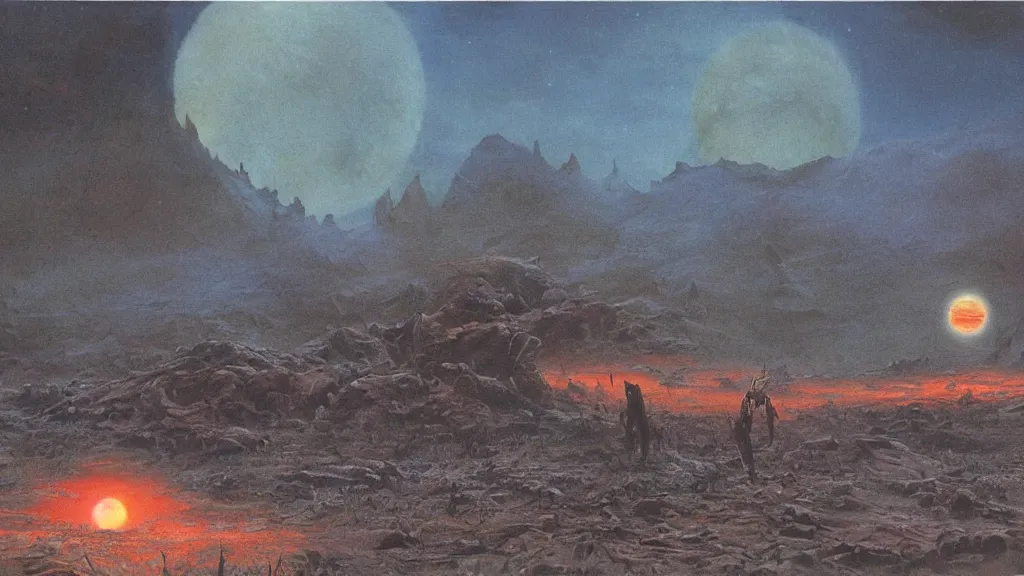 Image similar to eerie atmospheric alien planet with a small organic dropship landing by jack gaughan and bob eggleton and chris moore, epic cinematic matte painting