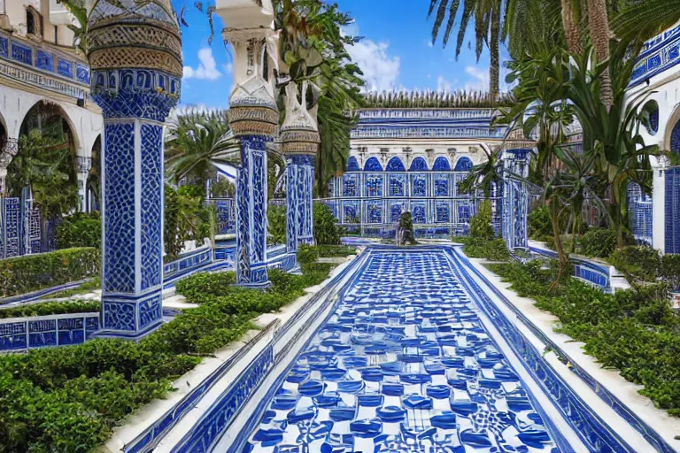 Prompt: beautiful moorish palace courtyard garden, by ludwig deutsch, patterned blue tilework, palm trees, tiled fountains, extremely detailed, dramatic lighting, smooth sharp focus