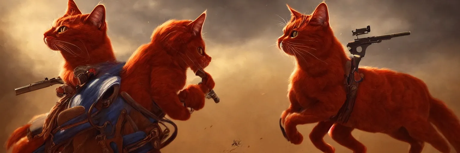 Image similar to a red cat wearing a blue hat while riding a horse and shooting a gun into the air, wild west background, digital art, amazing quality, perfect lighting. Professional design. Great composition. Mind blowing detail. award winning art. impressive colors. trending on artstation.