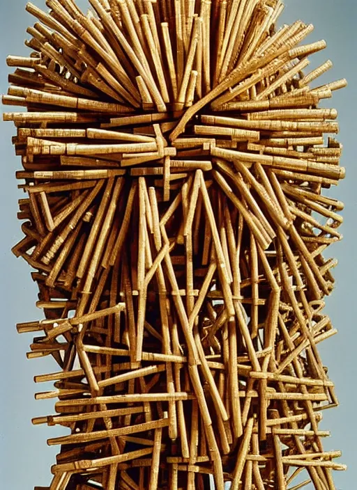 Image similar to realistic photo of a a modern brushwood and straw astronomy archeology scientific equipment gadget sculpture made of brushwood, covered with faces, by dieter rams 1 9 9 0, life magazine reportage photo, natural colors, metropolitan museum collection