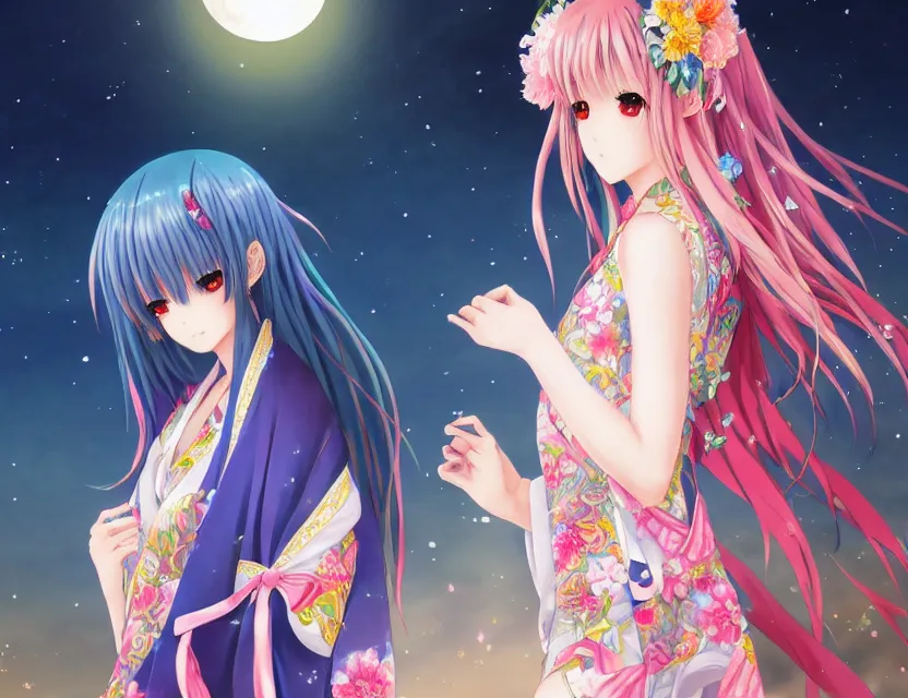 Prompt: two beautiful anime girls wear fantasy kimono in festival | | sunny night, full moon, dreamlike art, realistic shaded, smile, good looking, hyper details, 4 k realistic, cryengine, realistic shaded lighting poster by artgerm, ross tran, fuji choko, 8 k resolution, trending on artstation, luxury